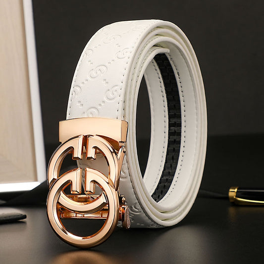 White Genuine Leather Belt W/ Gold Double G Buckle