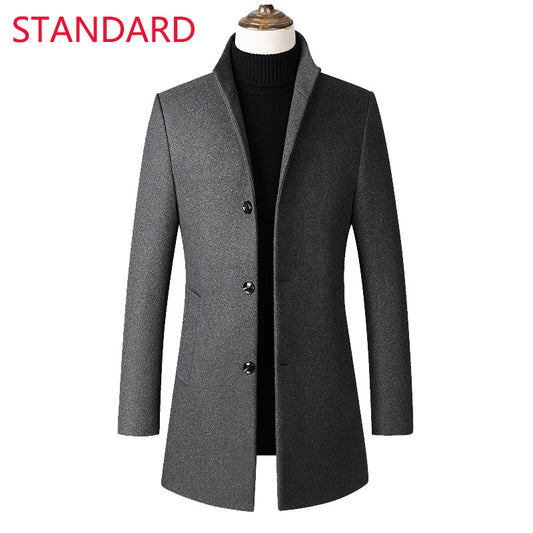 Gray Three Button Men's Casual Business Woolen Coat