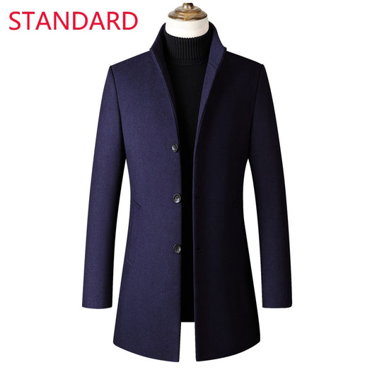 Navy Blue Three Button Men's Casual Business Woolen Coat