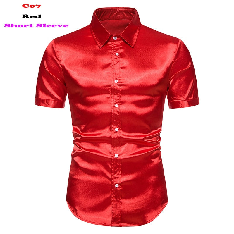 Red Silk Satin Shirt Short Sleeve