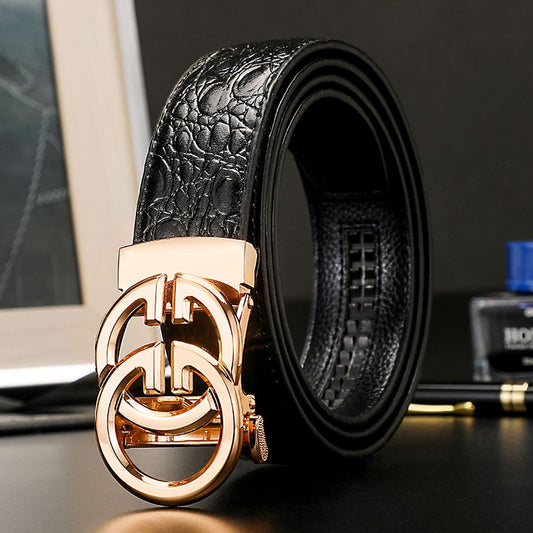 Black Genuine Leather Belt W/ Gold Double G Buckle