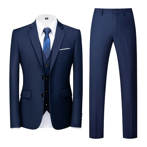 Blue Single-breasted Men's 3pcs Suit