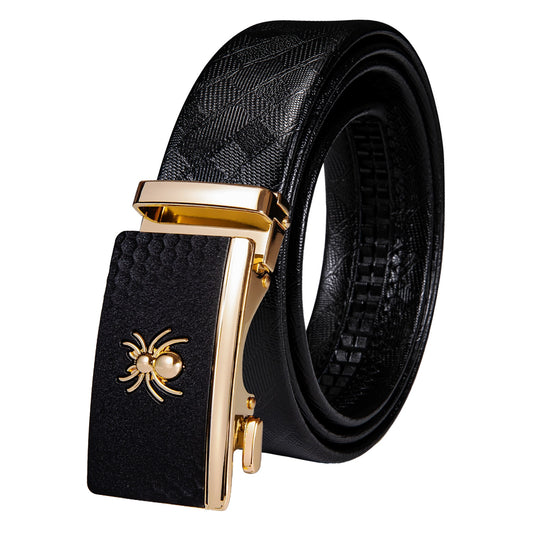 Black Genuine Leather Belt Automatic Ratchet Buckle Waistband