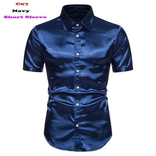 Royal Blue Silk Satin Shirt Short Sleeve