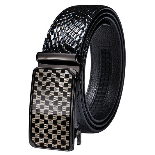 Black Genuine Leather Belt Automatic Ratchet Buckle Waistband