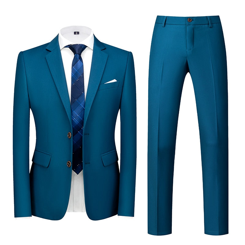 Lake Blue Single-breasted Men's 2pcs Suit