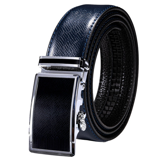 Blue Genuine Leather Belt Automatic Ratchet Buckle Waistband