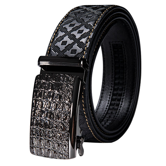 Black Genuine Leather Belt Automatic Ratchet Buckle Waistband