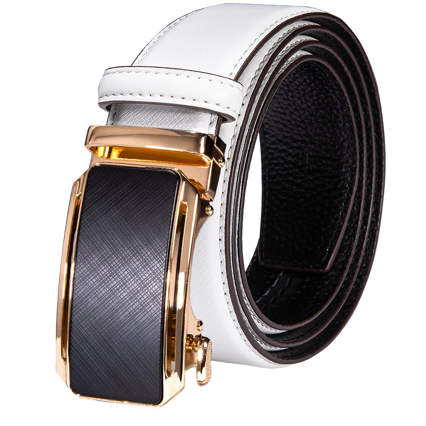 White Genuine Leather Belt Automatic Ratchet Buckle Waistband