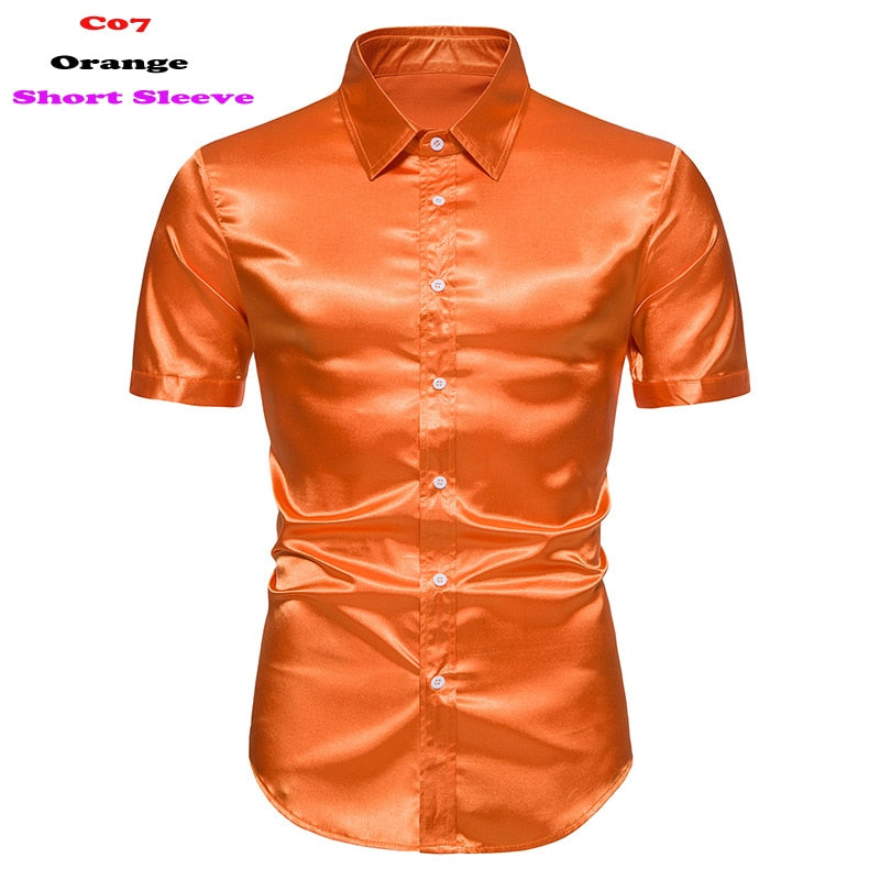 Orange Silk Satin Shirt Short Sleeve