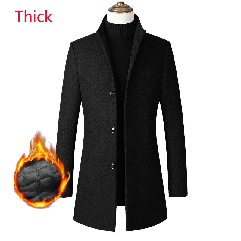 Black Thick Men's Three Button Casual Business Woolen Coat