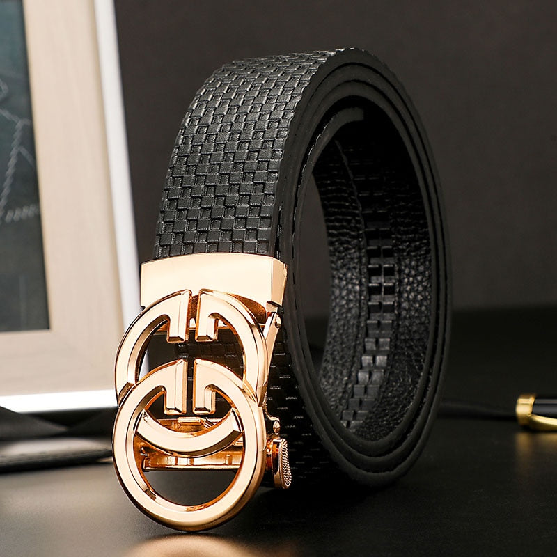 Black Genuine Leather Belt W/ Gold Double G Buckle