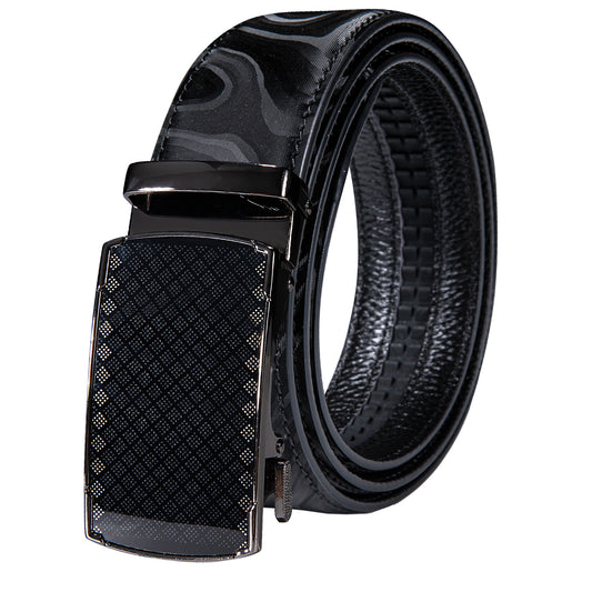 Black Genuine Leather Belt Automatic Ratchet Buckle Waistband