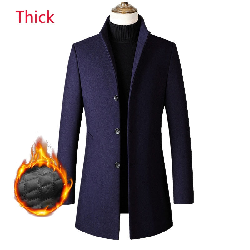 Navy Blue Thick Three Button Men's Casual Business Woolen Coat