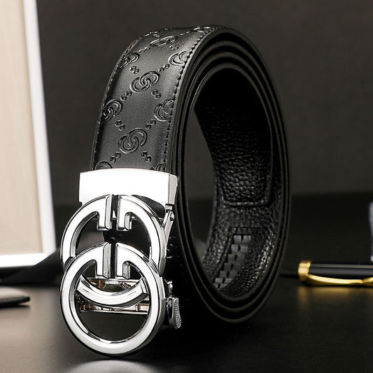 Black Genuine Leather Belt W/ Silver Double G Buckle