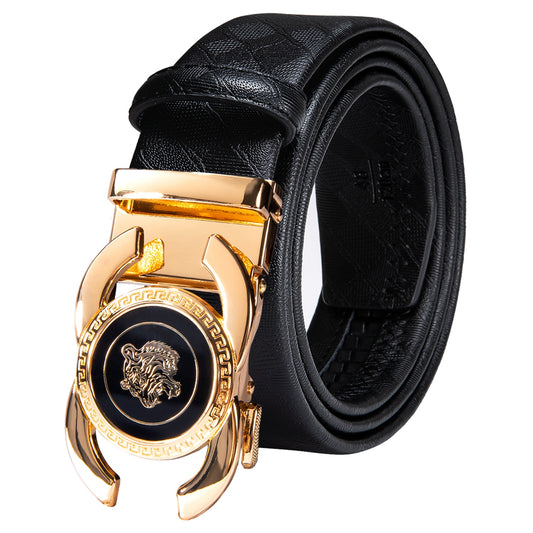 Black Genuine Leather Belt Automatic Ratchet Buckle Waistband