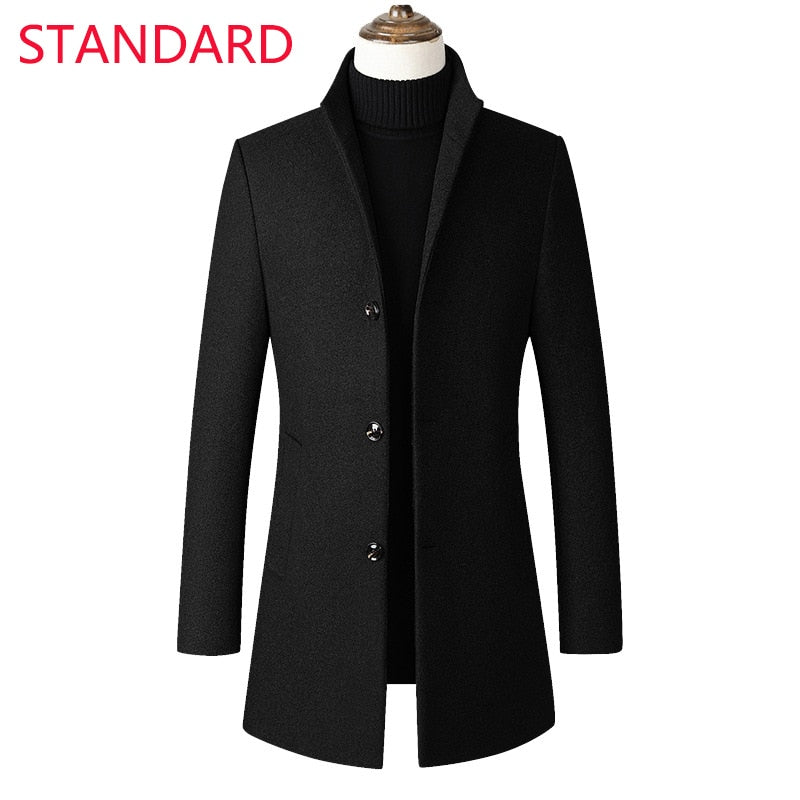 Black Three Button Men's Casual Business Woolen Coat