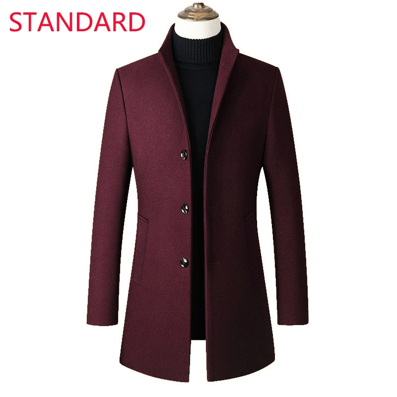 Red Men's Three Button Casual Business Woolen Coat