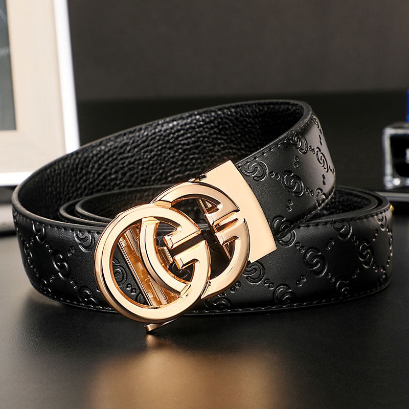 Black Genuine Leather Gold Double G Buckle