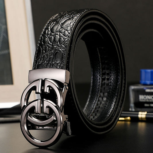 Black Genuine Leather Belt W/ Grey Double G Buckle