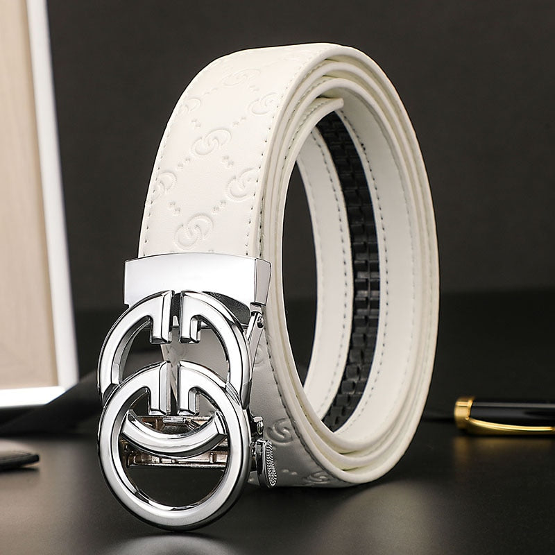 White Genuine Leather Belt W/ Silver Double G Buckle