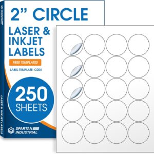 2" Circle Printable Labels Compatible with Inkjet and Laser Printers - 250 Sheets, 5000 Matte White Round Stickers for Product Labeling, Packaging, Organization - Spartan Industrial