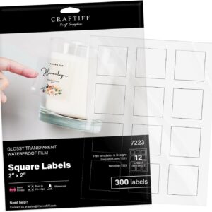 2x2 Clear Square Labels Stickers Glossy for Laser Printer, Pack of 300, Transparent self Adhesive Vinyl Paper Craftiff