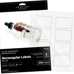 2x3 inch Clear Rectangle Stickers Labels Glossy Transparent for Laser Printer, Pack of 200, Printable Vinyl Sheets for Packaging Address Mail Business Craftiff