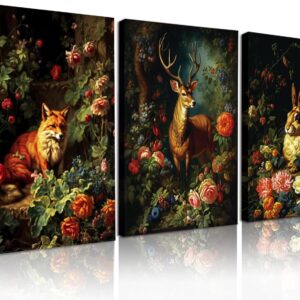 3 Pcs Framed Forest Wall Art Animal Fox Elk rabbit Canvas Prints Victorian Gothic Botanical Floral wall art for living room Bedroom Decor Retro Plant Oil Paintings Prints Ready to Hang 16x24in