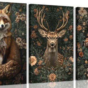 3Pcs Dark Forest Animal Canva Wall Art Vintage Fox Deer Squirrel Painting Picture Wall Decor Victorian Gothic Botanical Flower Poster Print Artwork for Living Room Bedroom Home Decoration Framed