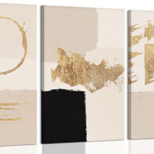 3pcs Framed Black Gold Abstract Wall Art Bohemian Simple Geometric Canvas Poster Print Modern Beige Picture Painting Wall Decor for Living Room Bedroom Office Decoration
