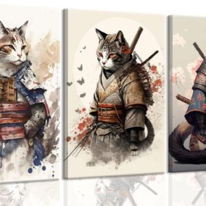 3Pcs Framed Japanese Samurai Cats Wall Art Vintage Cool Cat Posters Prints Funny Animal Cat Pictures Paintings for Living Room Wall Decor Print Bedroom Home Artwork