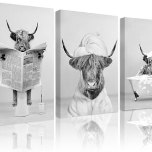 3pcs Funny Black and White Highland Cow Wall Art Bathroom Decor Stylish Canva Poster Printing Canvas Artwork for Living Room Apartment Bedroom Bathroom Office Hotel Wall Decor（16x24in unframed）