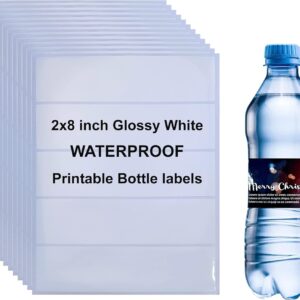 75 Labels 2"×8" Printable Glossy White Water Bottle Labels, Waterproof Vinyl Stickers Blank Wraparound Rectangle Sheet for Inkjet/Laser Printer