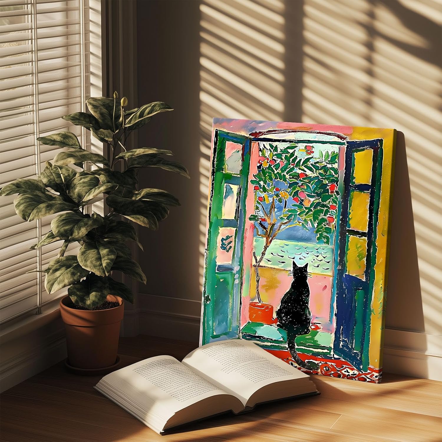 Abstract Canvas Wall Art, Black Cat Looking Through Open Window Print, Colorful Tree and Ocean View Print Framed Artwork, Modern Wall Decor for Living Room, Bedroom, and Office 8x10inch - Image 6