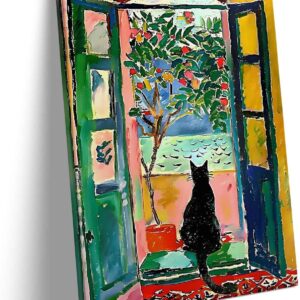 Abstract Canvas Wall Art, Black Cat Looking Through Open Window Print, Colorful Tree and Ocean View Print Framed Artwork, Modern Wall Decor for Living Room, Bedroom, and Office 8x10inch
