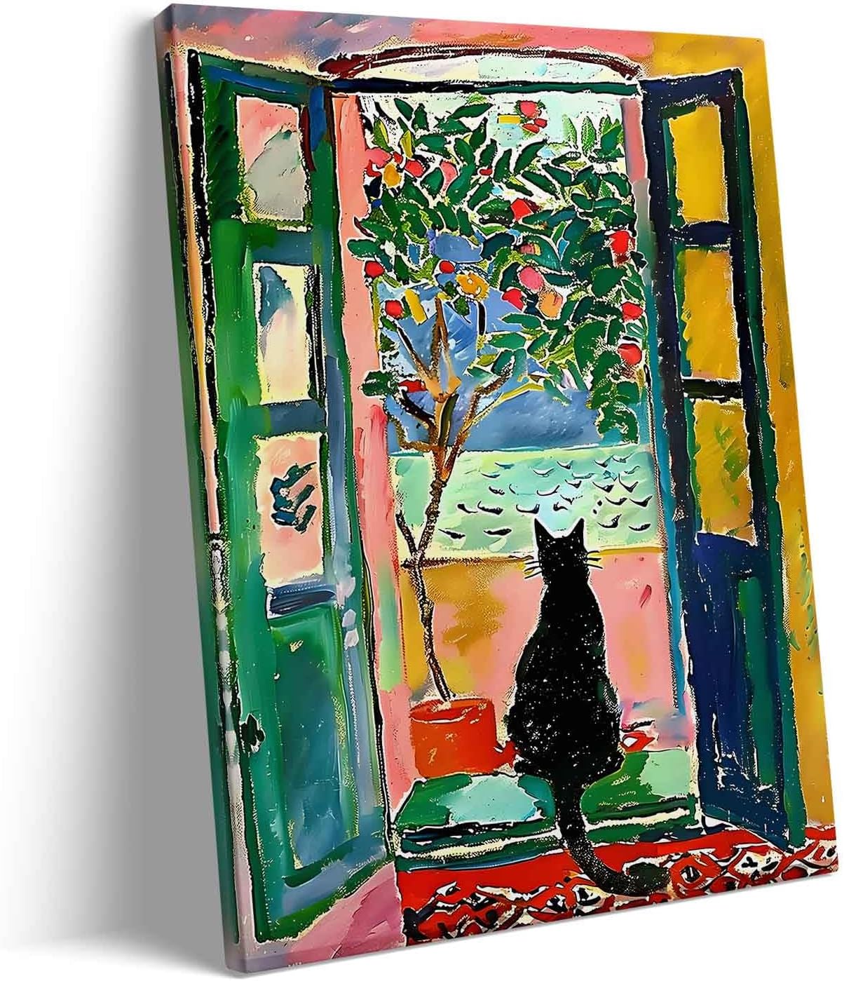 Abstract Canvas Wall Art, Black Cat Looking Through Open Window Print, Colorful Tree and Ocean View Print Framed Artwork, Modern Wall Decor for Living Room, Bedroom, and Office 8x10inch