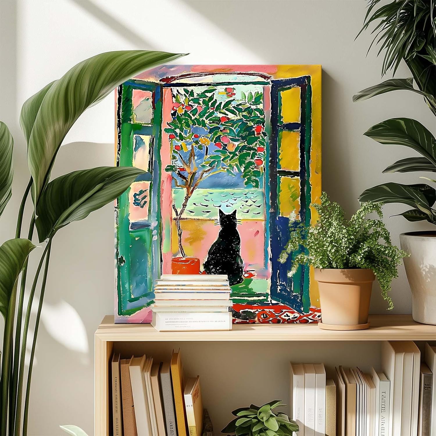 Abstract Canvas Wall Art, Black Cat Looking Through Open Window Print, Colorful Tree and Ocean View Print Framed Artwork, Modern Wall Decor for Living Room, Bedroom, and Office 8x10inch - Image 7