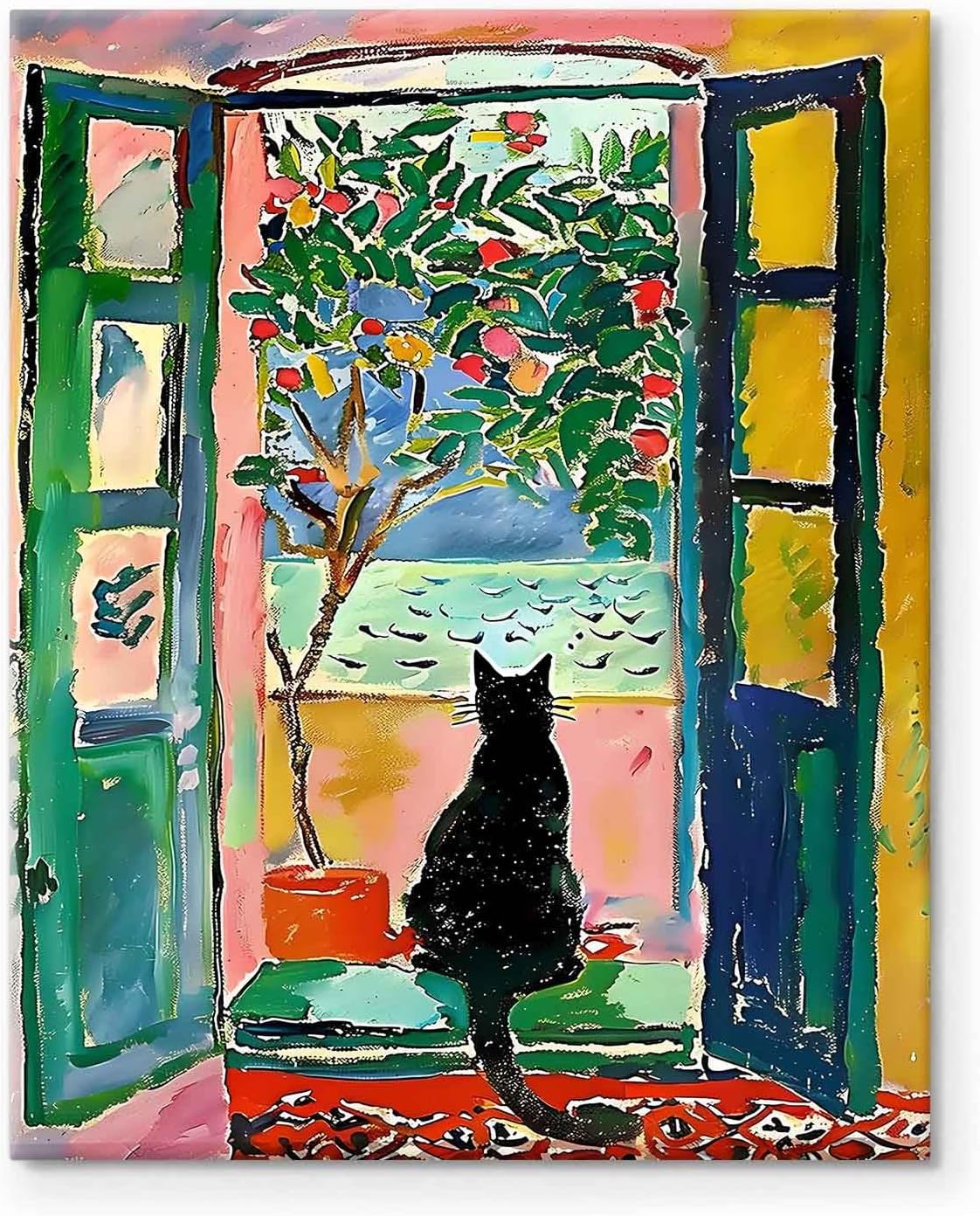 Abstract Canvas Wall Art, Black Cat Looking Through Open Window Print, Colorful Tree and Ocean View Print Framed Artwork, Modern Wall Decor for Living Room, Bedroom, and Office 8x10inch - Image 2