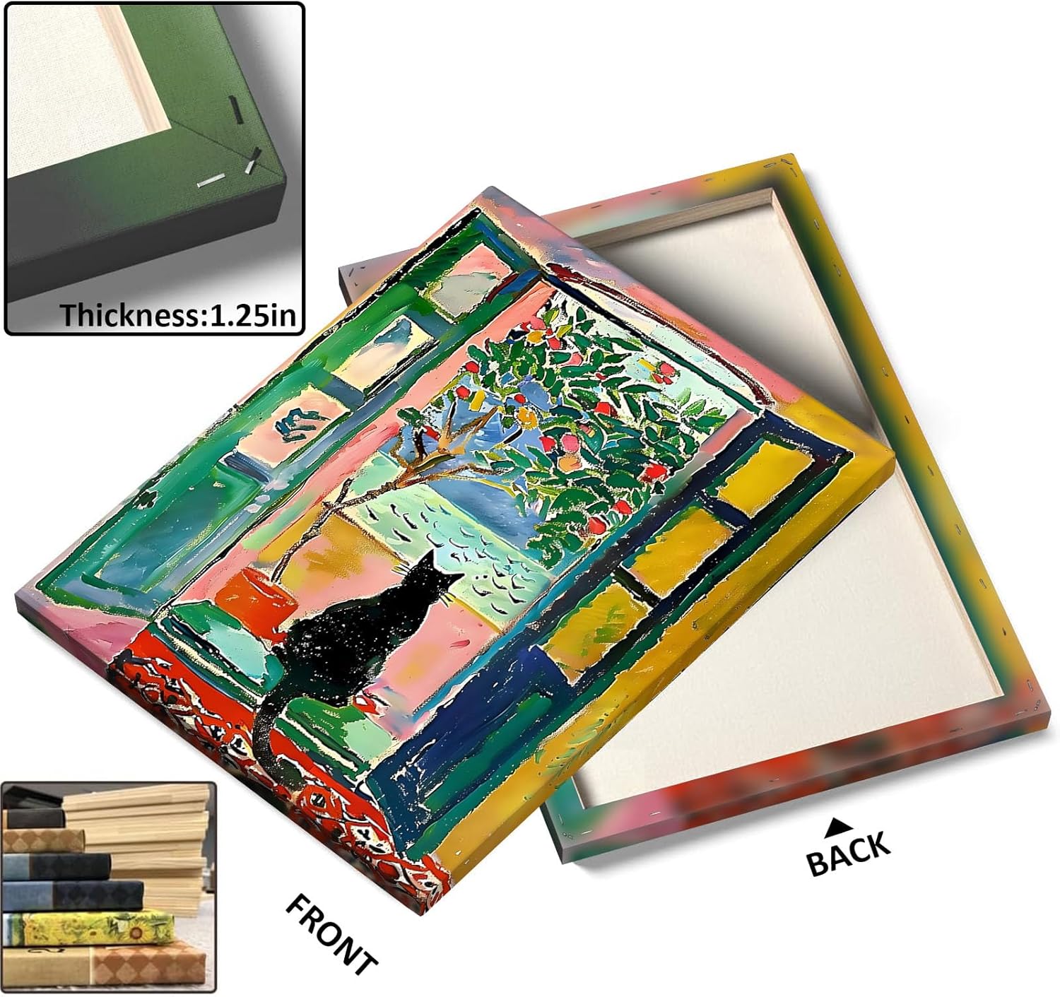 Abstract Canvas Wall Art, Black Cat Looking Through Open Window Print, Colorful Tree and Ocean View Print Framed Artwork, Modern Wall Decor for Living Room, Bedroom, and Office 8x10inch - Image 3