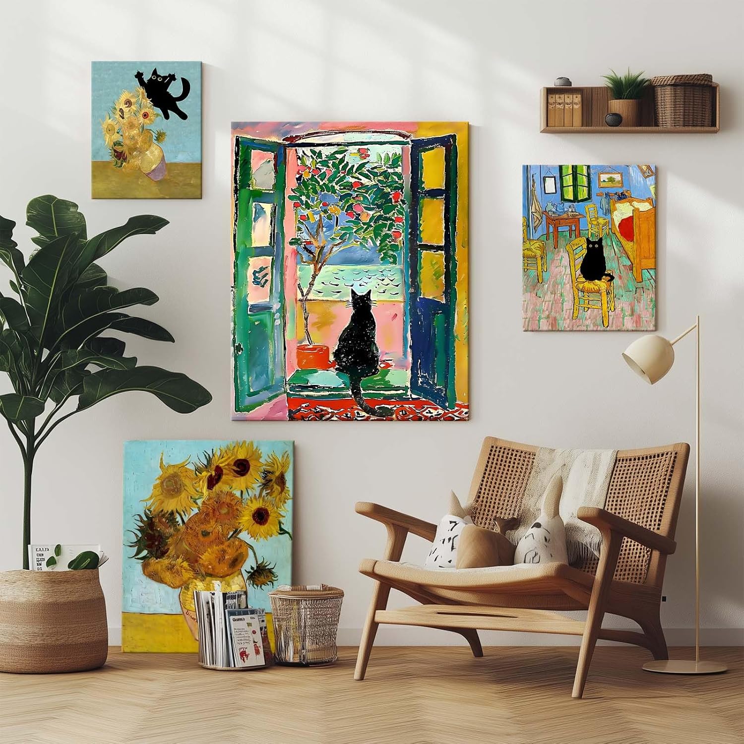 Abstract Canvas Wall Art, Black Cat Looking Through Open Window Print, Colorful Tree and Ocean View Print Framed Artwork, Modern Wall Decor for Living Room, Bedroom, and Office 8x10inch - Image 4