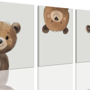 AOYUSMO 3 Piece Cute Bear Canvas Wall Art for Nursery Funny Animal Wall Art Bear Pictures Kids Minimalist Prints Decor for Children's Room Bedroom 12"X16" Framed