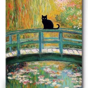 ART Vintage Monet Waterlily Cat Canvas Wall Famous Oil Paintings with Monet Flowers and Black Cat - Floral Print for Farmhouse Gallery Aesthetic Room Decor for Bedroom Bathroom