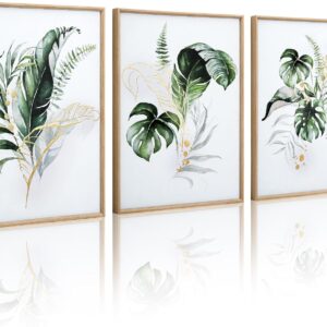 ArtbyHannah Bathroom Framed Wall Art, Botanical Canvas Paintings Wall Decor with Green and Gold Glided Textured Modern Nature Pictures Plant Prints for Living Room Bedroom (12x16 Inch, Set of 3)