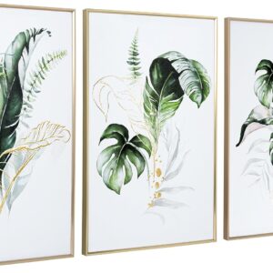 ArtbyHannah Bathroom Framed Wall Art, Botanical Canvas Paintings Wall Decor with Green and Gold Glided Textured Modern Nature Pictures Plant Prints for Living Room Bedroom (16x24 Inch, Set of 3)