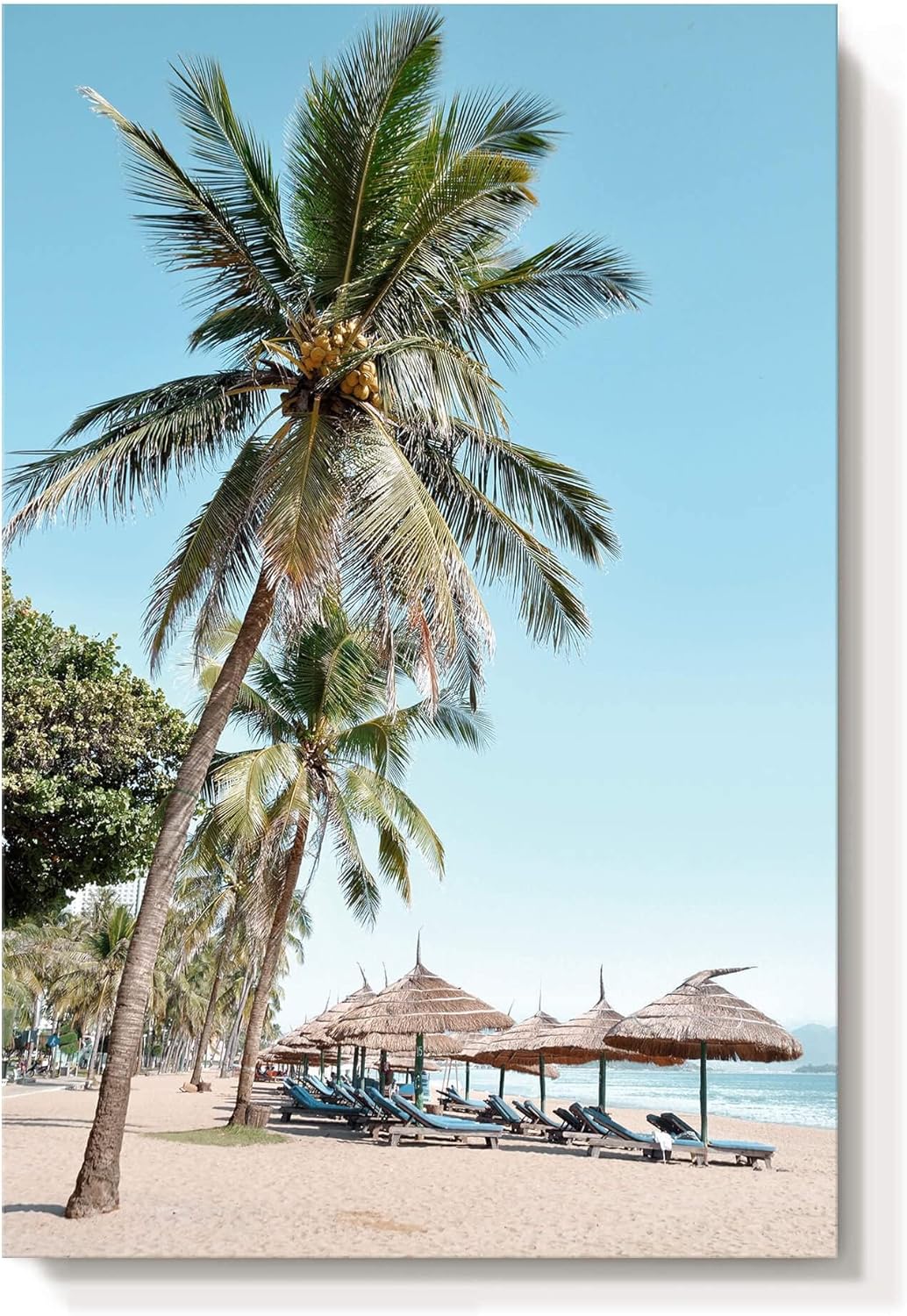 Beach Seascape Canvas Wall Art: Palm Tree Coastal Picture Coconut Trees Painted Beach Umbrellas & Chairs Painting Seaside Artwork Decor for Bathroom 11" x 16"