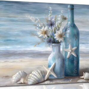 Blue Beach Ocean Flower Canva Wall Art Coastal Seascape Floral Vase Poster Picture Starfish Conch Theme Painting Rustic Shell Print for Bedroom Living Room Office Wall Decor Framed