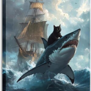 Cartoon Cute Black Cat Wall Art Retro Black Cat Vs Shark Wall Decor Funny Quirky Cat Print Poster Renaissance Animal Canva Painting Picturefor Room Bedroom Living Room Bathroom Framed