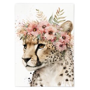 Cheetah Wall Art - Cheetah Wall Decor - Cheetah Print Poster Unframed - Cheetah With Pink Flower Crown- Wild Cat Artwork Illustration - Various Sizes Available (11x14)