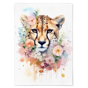 Cheetah Wall Art Print - Cheetah Wall Decor - Cheetah Print Poster Unframed - Watercolor Cheetah With Flowers Print - Cheetah Painting - Cheetah Artwork Illustration - Various Sizes Avalilable (5x7)